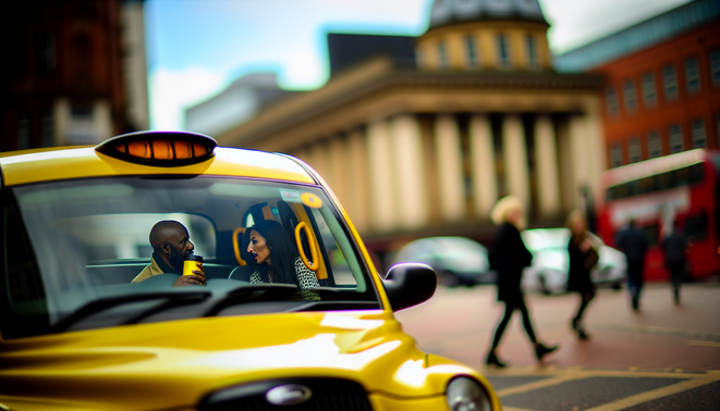 alt_text: A busy Birmingham street with a yellow taxi, driver and passenger chatting, iconic landmarks in view.