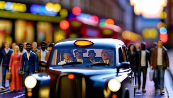 alt_text: "Birmingham's vibrant taxi scene at dusk, featuring iconic landmarks, diverse people, and active streets."