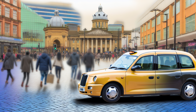 alt_text: A bustling Birmingham street scene featuring a modern taxi, iconic landmarks, and lively pedestrians.