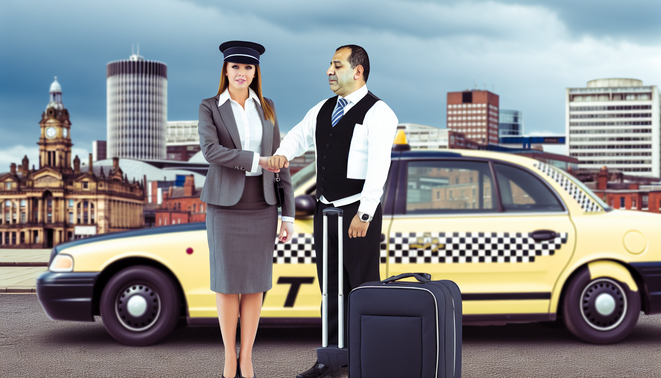 alt_text: A busy Birmingham scene with a taxi driver helping a passenger, iconic landmarks in view.