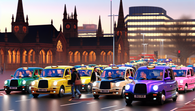 alt_text: A vibrant Birmingham taxi scene at dusk, featuring diverse cabs and iconic landmarks bustling with passengers.