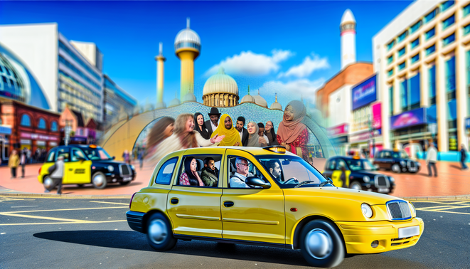 alt_text: A lively Birmingham taxi scene with a yellow cab, diverse passengers, and iconic landmarks under a blue sky.