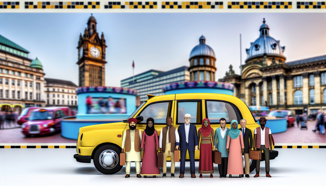 alt_text: A vibrant yellow taxi amidst Birmingham's iconic landmarks, bustling with diverse passengers.