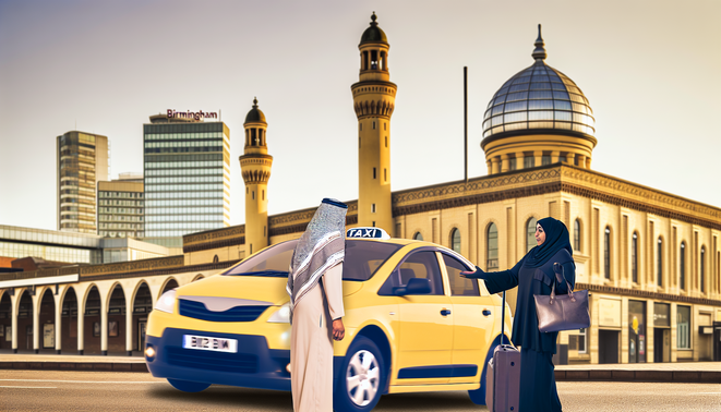 alt_text: Busy Birmingham street with a modern taxi, passengers, and iconic landmarks in warm afternoon light.