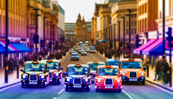alt_text: A vibrant Birmingham street bustling with diverse taxis, people, and iconic landmarks at golden hour.