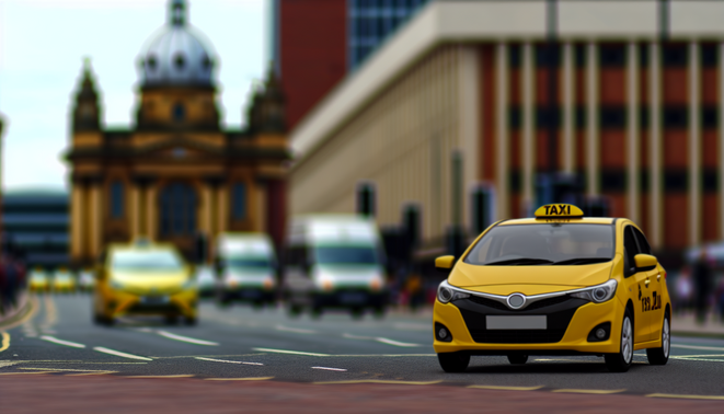 alt_text: Modern yellow taxi on a busy Birmingham street with landmarks, showcasing urban life and convenience.